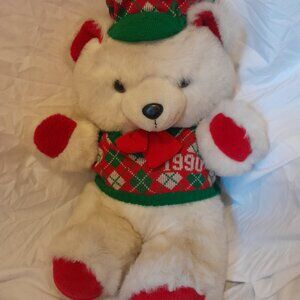 Vintage 1990 Kmart Holiday Christmas Teddy Bear wearing Sweater & Matching Beret